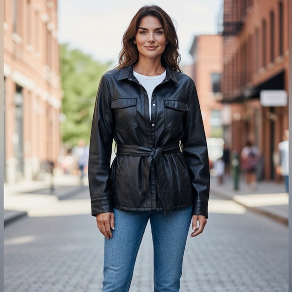 Guess Jackets & Blazers - Guess Black Faux Leather Belted Shirt Jacket